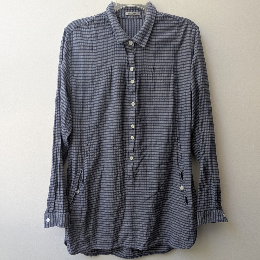 Toad&Co Tunic Top Blue Striped Organic Cotton Button Front Sz L Quiet Luxury